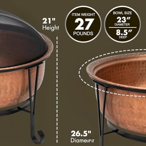 Fire Sense 62665 Fire Pit Palermo Copper with Steel Stand Wood Burning Lightweight Portable Outdoor Firepit Included Mesh Spark Screen Steel Grate Screen Lift Tool & Vinyl Weather Cover - 26.5"