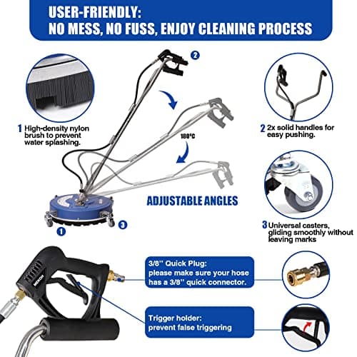 Pressure Washer Surface Cleaner 20'', 4500PSI Power Washer Surface Cleaner Attachment with Wheels, Pressure Washer Accessory for Driveway Sidewalk Curb Deck Patio Cleaning, 3/8'' Quick-Connect