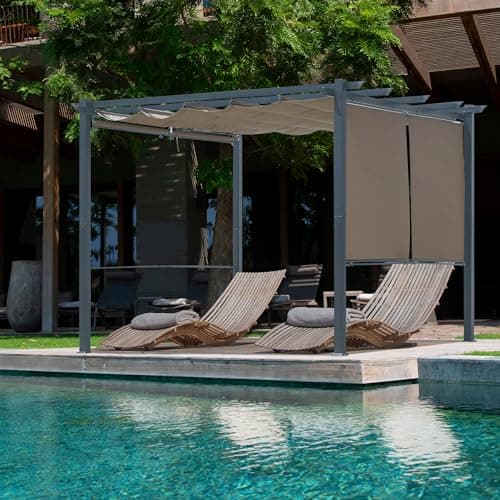Aoodor 10 x 10 ft Outdoor Pergola with Retractable Shade Canopy, Matte Aluminum Frame, 4 Roller Shade Curtains, Grape Trellis for Patio, Backyard, Garden, and Deck, Dark Brown