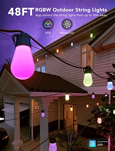 Govee Smart Outdoor String Lights H7015, 48ft RGBIC Outdoor Lights with 15 Dimmable LED Bulbs, IP65 Waterproof, Color Changing Warm White Lights with 47 Scene Modes for Patio, Backyard, App Control
