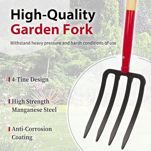 Heavy Duty Garden Fork for Digging, 4 Tines Pitch Fork for Gardening Compost, Garden Pitch Fork with Wooden Handle, 45 Inches