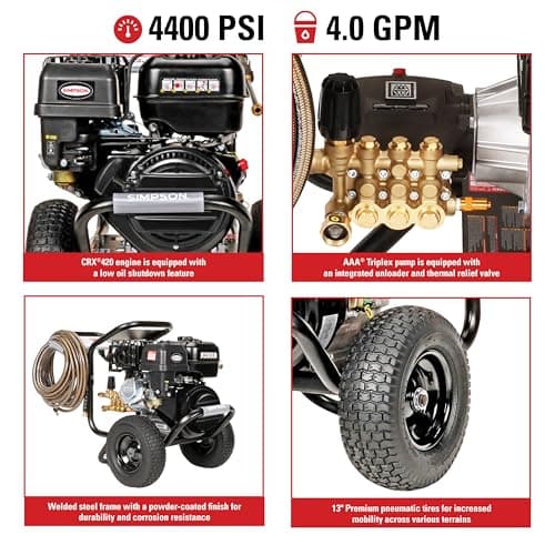 SIMPSON Cleaning PS60843 PowerShot 4400 PSI Gas Pressure Washer, 4.0 GPM, CRX 420cc Engine, Includes Spray Gun and Extension Wand, 5 QC Nozzle Tips, 3/8-inch x 50-foot Monster Hose, 49-State