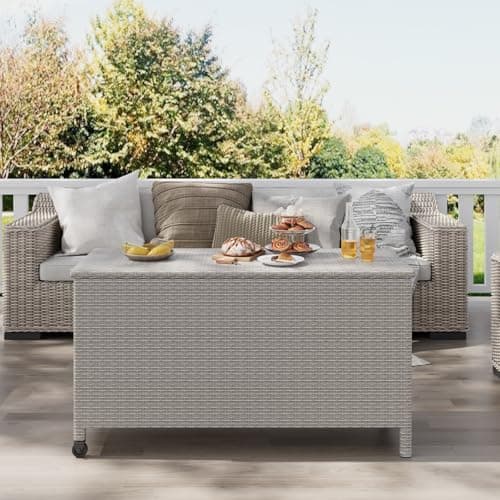 120 Gallon Outdoor Storage Box, Waterproof PE Rattan Deck Box With Wheels, Large Storage Bench for Patio Cushions, Tools, Pool Supplies, Grey