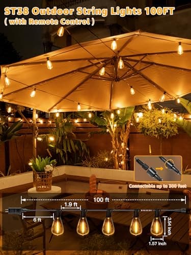 Outdoor String Lights Dimmable with Remote, 100 FT Outdoor Lights with 2 Timer and 3 Mode, Waterproof & Shatterproof Patio Lights, 2200K Energy Saving String Lights 3 Spare Bulbs for Patio Yard