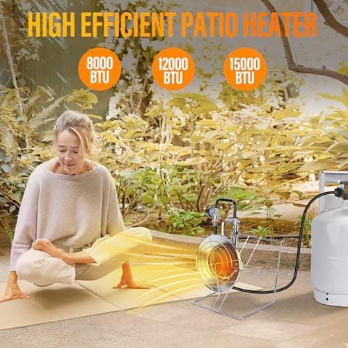 15,000 BUT Multi-Use Portable Propane Heater/Cooker, Outdoor Gas Heater with 8 FT Hose Piezo Ignitor Tip-over Protection Propane Heater for Garage, Patio, Camping, Hunting, Ice Fishing
