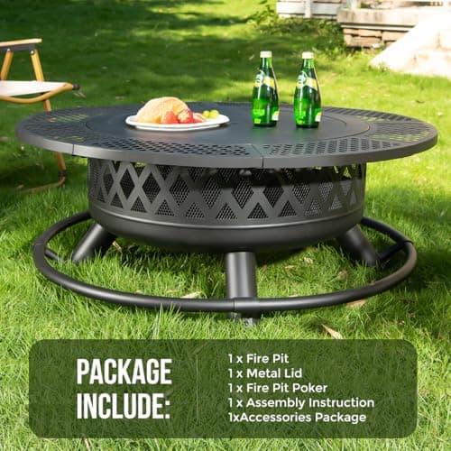 42 Inch Outdoor Fire Pit with Grill, Large Firepit Table for Outside, Metal Round Firepits with Lid&Fire Poker,3 in 1 Wood Burning Fire Pits & Outdoor Fireplaces for Backyard,Patio(Black)