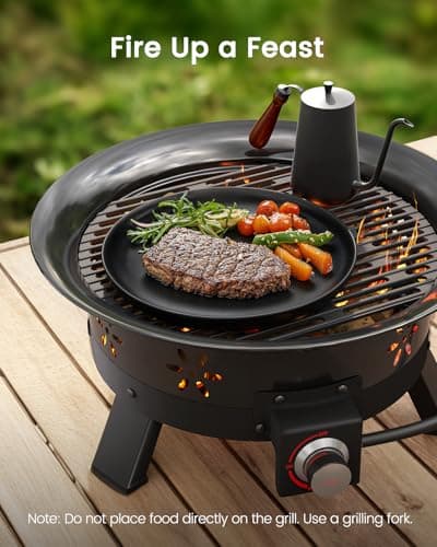 AMADA HOMEFURNISHING 19″ Propane Fire Pit with Grill Grate, 58,000 BTU, Folding Legs, Propane Tank Holder, Cover, and Carry Strap, No Ignition Needed, Easy Flame Adjustment, CSA-Certified, Portable