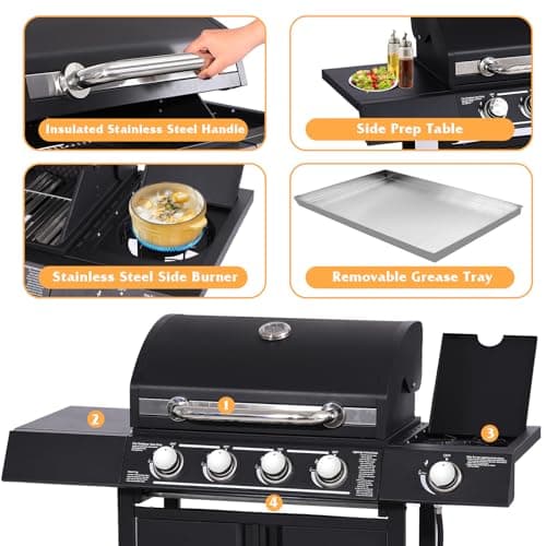 4-Burners Propane Gas Grill with Side Burner, 50,000 BTU Outdoor BBQ Grill, Cast Iron Cooking Grate with Wheels for Outdoor Patio Garden