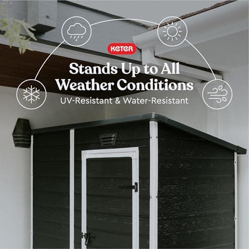 Keter Essential Shed 6x4 Resin Outdoor Storage Shed Ideal Storage for Patio Furniture, Garden Tools Bike Accessories, Beach Chairs and Lawn Mower, Black and White