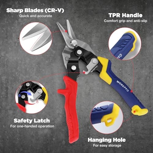 WORKPRO 8 Inch Aviation Snips, Straight Cut, Heavy Duty Metal Cutter with Safety Latch and Non-slip Handle, Cr-V Steel Sharp Teeth, Aviation Snips for Cutting Metal Sheet