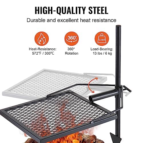 VEVOR Swivel Campfire Grill, Fire Pit Grill Grate over Fire Pits, Heavy Duty Steel Grill Grates, 360° Adjustable Open Fire Outdoor Cooking Equipment, Portable Camp Fire Racks for Camping Outdoor BBQ