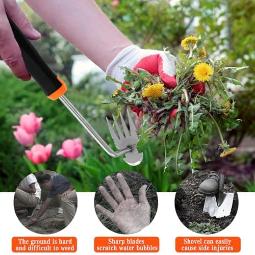 Weed Puller Tool Garden Weeding Pulling Tool– 13” Portable Gardening Weeder, 4 Teeth Manganese Steel Forged Hand Tool for Uprooting Weeds Remover Tool