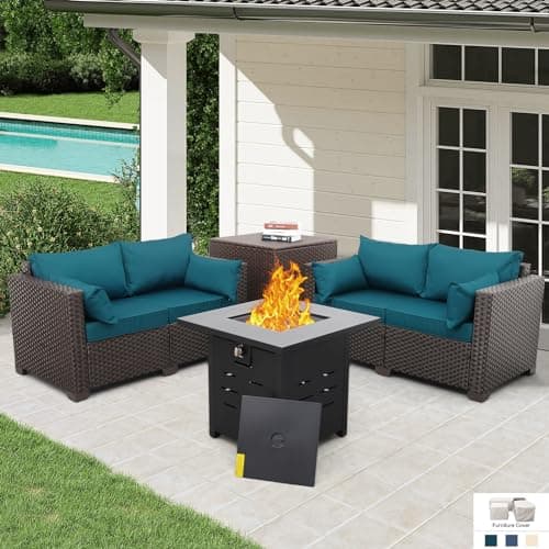 Outdoor Furniture Set 4 Piece Patio Furniture Set Patio Loveseat 50000 BTU Propane Fire Pit Storage Box with Non-Slip Cushions and Waterproof Covers, Peacock Blue