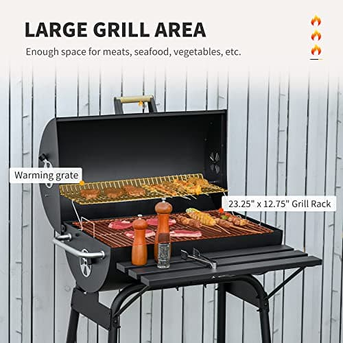 Outsunny 30" Portable Barrel Charcoal BBQ Grill, Steel Outdoor Barbecue Smoker with 370 Square Inches Cooking Space, Storage Shelf, Wheels for Garden Camping Picnic, Black
