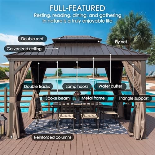 Kozyard Alexander 10' X 12' Hardtop, Aluminum Metal Gazebo with Galvanized Steel Double Roof Canopy, Curtain and Netting, Permanent Pavilion for Patio, Backyard, Deck, Lawn (Brown)
