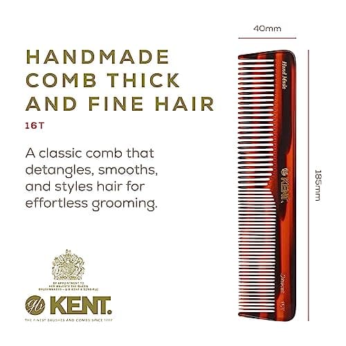 KENT 16T Fine Tooth and Wide Tooth Comb for Daily Grooming, Handmade Styling Comb for All Hair Types, Styling and Detangling Combs for Men and Women