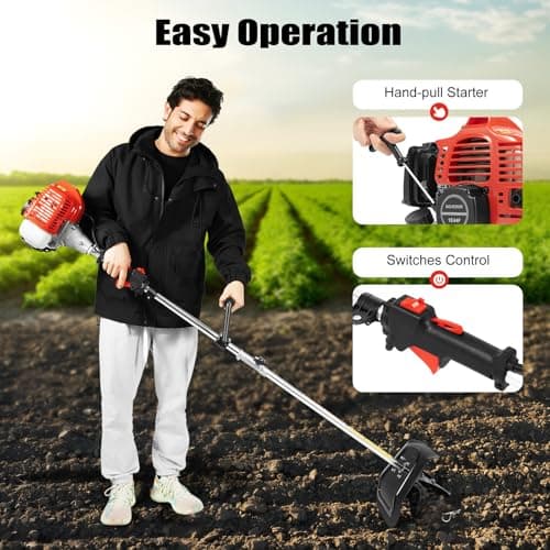 Gas Powered Tiller Cultivator, 51.7CC 2-Stroke Handheld Tiller Cultivator Gas Powered Engine Rototiller Garden Tool for Lawn, Garden and Field Soil Cultivation