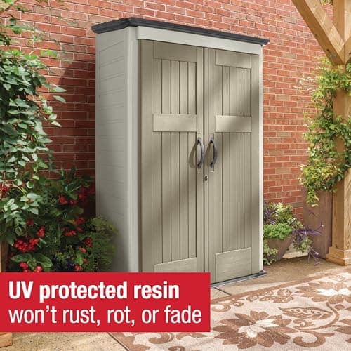 Rubbermaid Vertical Resin Outdoor Storage Shed With Floor (4 x 2.5 Ft), Weather Resistant, Beige/Brown, Organization for Home/Backyard/Pool Chemicals/Toys/Garden Tools/Porch/Patio Cushions