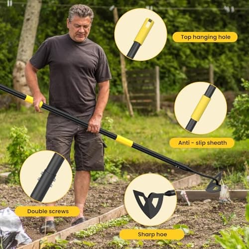 Hoe Garden Tools, 41.3 to 55.5 Inch Weeder Tool for Yard Long Handle, Garden Weeding Tool with Sharp Hoe and Comfort Grip for Loosening Soil, Weeding, Digging Trenches Gardening Tools