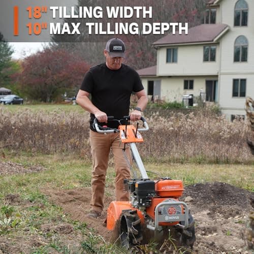 NOVUS18-Inch 212cc Dual Direction Rear Tine Tiller, Full Gear Transmission, Dual Rotating Tines, Airless Tires, Gas Tiller for Gardenig, Garden tillers Gas Powered