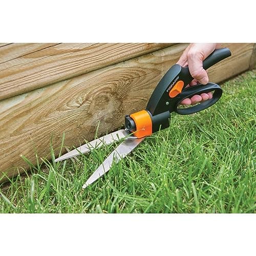 Fiskars Shear Ease Grass Shears - 5" Stainless Steel Blades - 360-Degree Swivel Blade Plant Cutting Scissors - Garden Shears and Grass Cutter, Black