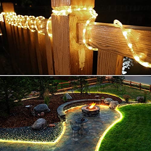LE 33ft 240 LED Rope Lights Outdoor, Upgraded 2700K Warm White, 24 Volts Connectable, Classic 3/8 inch Clear Tube, Waterproof String Lights for Outside Patio Deck Railing Stair Fence Yard Landscape