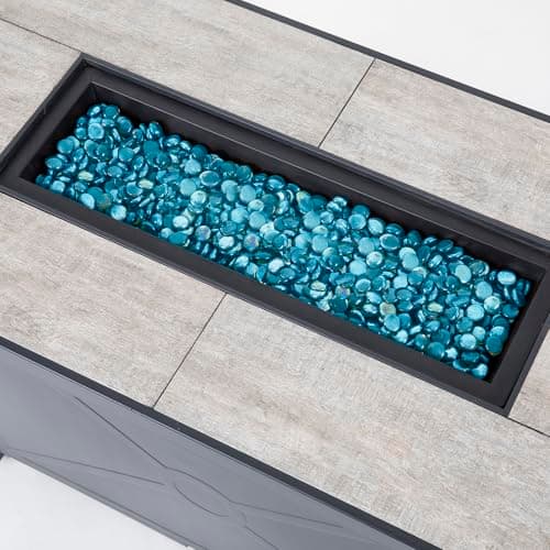 Nuu Garden Propane Fire Pit Table, CSA Certified 42 Inch 50,000 BTU Outdoor Propane Gas Cabinet Rectangle Fire Pit Table, Ceramic Tabletop, Rattan and Iron Frame, with Lid and Fire Glass Beads, Black