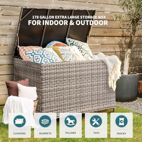 178 Gallon Outdoor Storage Box, Patio Deck Box with 2 Wheels, Handle Large Portable Wicker Rattan Deck Box for Patio Furniture Cushions, Throw Pillows, Garden Tools and Pool Floats (Gray)