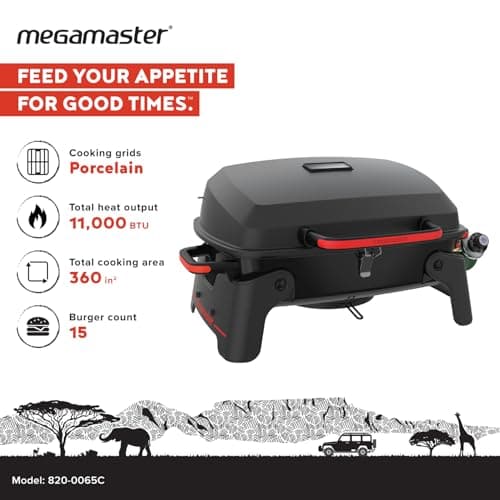 820-0065C 1 Burner Portable Gas Grill for Camping, Outdoor Cooking , Outdoor Kitchen, Patio, Garden, Barbecue with Two Foldable legs, Red + Black