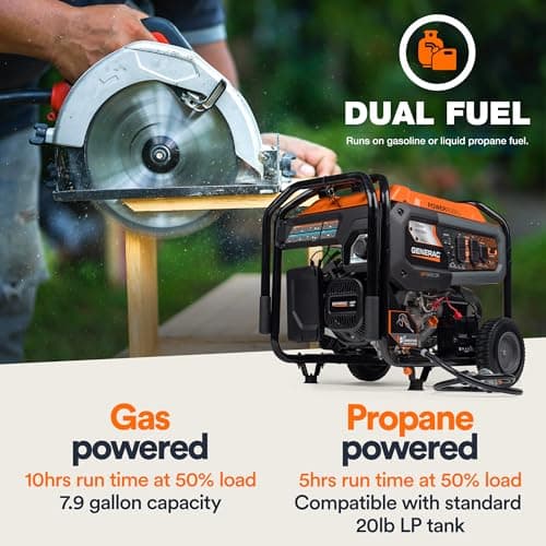 Generac 7,500-Watt Dual-Fuel Compatible Portable Generator - Gas and Propane - COsense Technology with Electric Start - PowerRush Advanced Technology - Reliable Power Solution - Home Use, Orange/Black