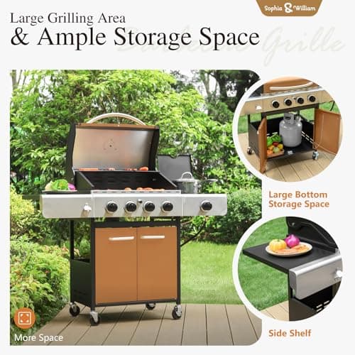 Sophia & William 4-Burner Gas BBQ Grill with Side Burner and Porcelain-Enameled Cast Iron Grates, 42,000BTU Propane Grills Outdoor Cooking Barbecue Grill Cabinet Style, Golden