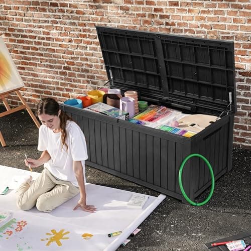 DWVO 150 Gallon XL Deck Box with Divider & Lockable Lid, Waterproof Resin Outdoor Storage for Patio, Garden, Poolside, Cushions, Supplies & Sports Gear, Black