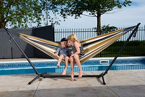 Vivere Double Cotton Hammock with Space Saving Steel Stand, Upgraded Polyester End Strings 450 lb Capacity - Premium Carry Bag Included - USA Grown Cotton (Desert Moon)