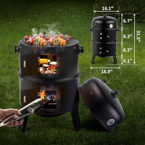 16 Inch Charcoal BBQ Smoker Grill,3-in-1 Portable Vertical Grill Cooker with Built-in Thermometers & Adjustable Vent Systems for Outdoor Backyard Cooking, Camping & Patio Parties