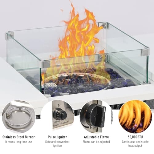 42inch Propane Fire Pit Table, Rectangular Gas Firepit Table with Removable Desktop,2 Tier Storage Shelves, Tempered Glass and Rain Cover for Garden, Patio & Backyard (White)