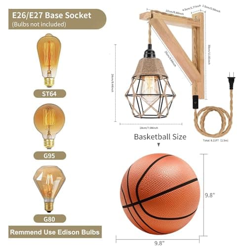 Frideko Wall Lamp with Plug in Cord - Plug in Wall Sconces, Farmhouse Hanging Lamps That Plug into Wall Outlet, Rustic Wall Mount Lamp with Wood Shelf Bracket & Switch Cord for Living Room, Bedroom