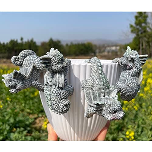 4 PCS Cute Dragon Figurines, Hanging Animal Statue for Planter Pot, Resin Climbing Sculpture Flower Pot and Vase Hugger for Patio Lawn Yard Ornaments