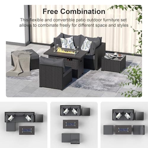 Patio Furniture Set with Fire Pit Table, 6PCS Outdoor Conversation Sets Waterproof Rattan Sectional Sofa with 4” Thickened Cushion Modular Wicker Patio Furniture Set with Glass Top Table (Grey)
