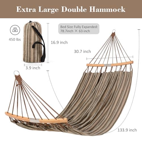 SUNCREAT Hammocks Double Hammock with Curved Spreader Bar, Outdoor Camping Portable Hammock with Carrying Bag & Tree Straps for Patio, Backyard, Balcony, Max 450lbs Capacity, Brown