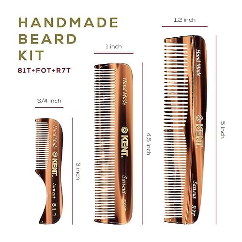 KENT Set Men's Hair Pocket Combs, Tortoise 81T X-Small, FOT All Fine Tooth, R7t Double Toothed Fine and Coarse. Best Hair, Beard and Mustache Grooming Kit for Travel and Home Care, Handmade in England