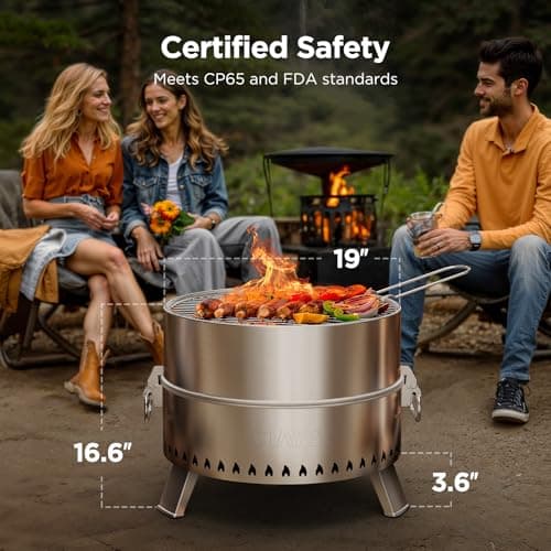 CIAYS Smokeless Firepit, 19 Inch Fire Pit for Camping with Patented Technology, Portable Fire Pit for Outside with Steel Grill Rack, Fire Poker, and Bag, Easy Setup and Storage, Wood Burning