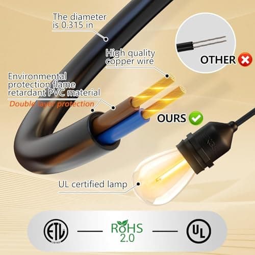 50FT Outdoor String Lights Waterproof with 30+2 Bulbs(𝟏.𝟓𝐅𝐓 𝐁𝐮𝐥𝐛𝐥𝐬 𝐒𝐩𝐚𝐜𝐢𝐧𝐠), Remote & Dimmer, Commercial Grade Patio Lights with 3 Mode Light & Timing,100PC Ties for Outside