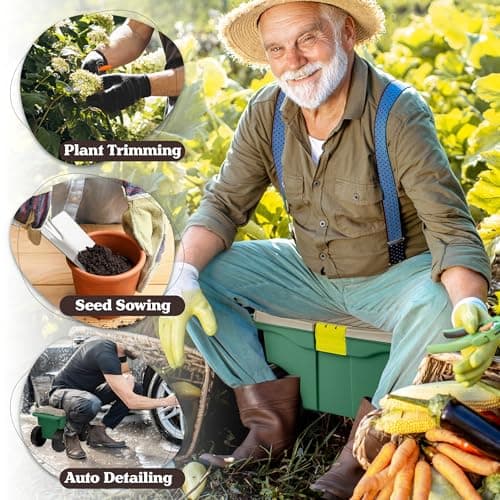 Rolling Garden Cart with Seat - Plastic Storage with Bench and Interior Tool Tray - Gardening Stool for Weeding and Planting By Pure Garden (Green)