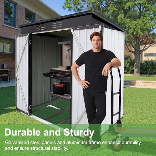 6×4Ft Outdoor Storage Shed Metal Storage Shed with Flat Roof, Weatherproof Heavy Duty Tool Shed for Backyard & Garden Equipment, Black-White