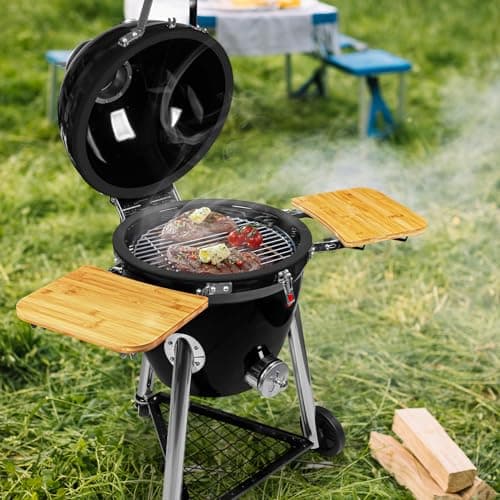 Large Kamado Charcoal Grill, Charcoal Grill with Smoker and Locking Lid, Kamado Charcoal Grill with Side Tray, Easy to Move and Clean, 18 Inches Large Charcoal Grills for Outdoor Cooking