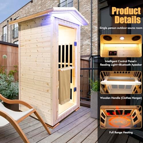 Outdoor Sauna Wooden Far Infrared Saunas Spa 1300W Low-EMF Dry Sauna Room for One Person Finland Spruce Wood