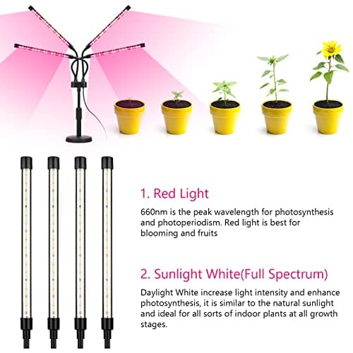 Grow Lights for Indoor Plants, Four Head LED Grow Light with Full Spectrum, Red White Spectrum for Indoor Plant Lamp, Adjustable Gooseneck, Suitable for Vegetation