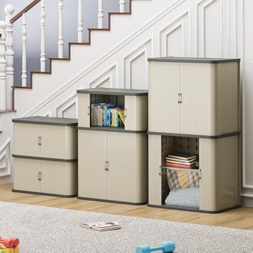 YITAHOME 37 Gallon Outdoor Storage Cabinet w/Sliding Doors, Medium Double-Wall Resin Storage Cabinets, Waterproof Storage Box for Outdoor/Indoor/Garage/Lawn Care, Light Gray