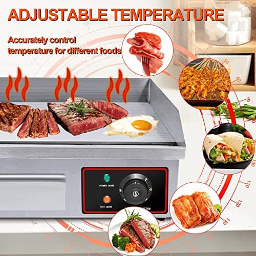 22" Electric Countertop Flat Top Griddle 1600W 110V Non-Stick Commercial Restaurant Teppanyaki Grill Stainless Steel Adjustable Temperature Control 50~300℃