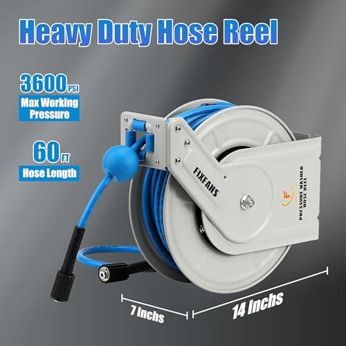 Pressure Washer Hose Reel with Hose, 1/4" × 60ft Retractable Power Washer Hose Reel, Heavy Duty Hose Reel Auto Rewind, Wall Mounted, 3600 PSI